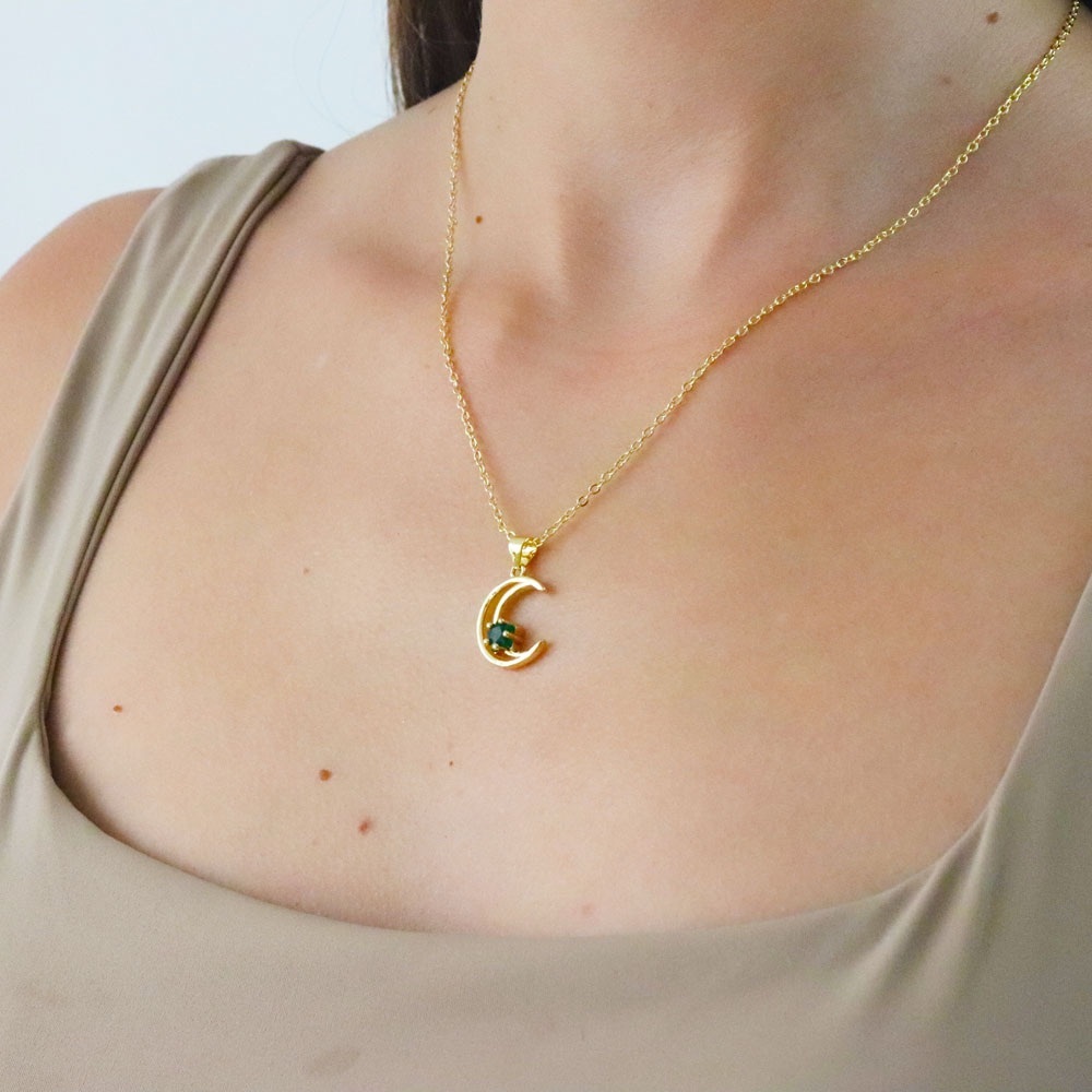 Gold Crescent Moon Necklace with Green Gemstone